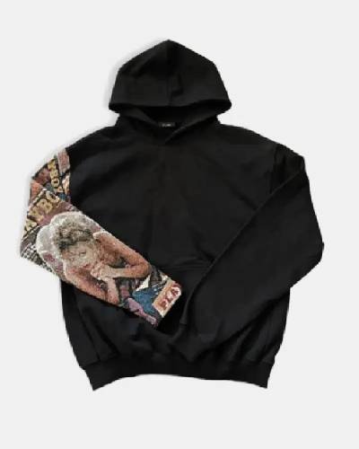 A black Playboy tapestry hoodie, weaving tales of allure, mystery, and seductive charm, embodying nocturnal elegance.