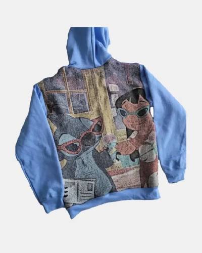 A handmade tapestry hoodie reminiscent of nostalgic cartoons, stitched with threads of whimsy and childhood dreams.