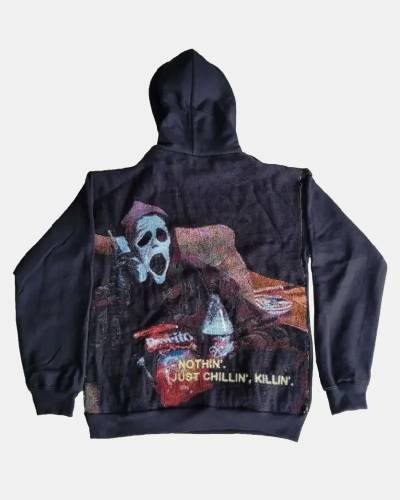 A handmade "Scream Chillin Killin" tapestry hoodie echoes with the whispers of rebel spirits, stitched with defiance.