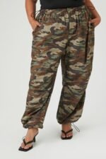 Plus Size Camo Cargo Pants," a trendy and comfortable pair of cargo pants in a camo print designed specifically for plus-size individuals, combining style and functionality.
