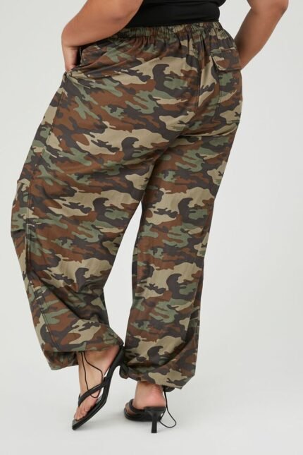 Plus Size Camo Cargo Pants," a trendy and comfortable pair of cargo pants in a camo print designed specifically for plus-size individuals, combining style and functionality.