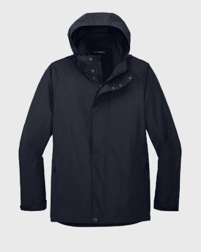 A stylish and functional Port Authority All Weather 3 in 1 Jacket with a water-resistant outer shell and warm inner fleece, designed for all weather conditions.