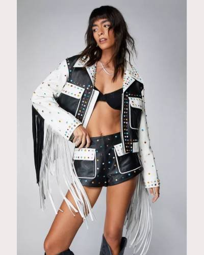 Premium Real Leather Studded Fringe Shorts: Make a statement in these premium real leather shorts with stylish studs and fringe for a bold and edgy look.
