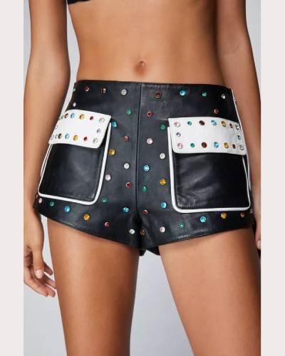 Premium Real Leather Studded Fringe Shorts: Make a statement in these premium real leather shorts with stylish studs and fringe for a bold and edgy look.