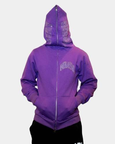 Purple Potion rhinestone full zip hoodie, a dazzling and glamorous choice for chic casual wear.