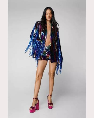 Rainbow Fringe Sequin Shorts: Add a pop of color to your wardrobe with these shorts featuring rainbow fringe and sequin detailing for a vibrant and stylish look.