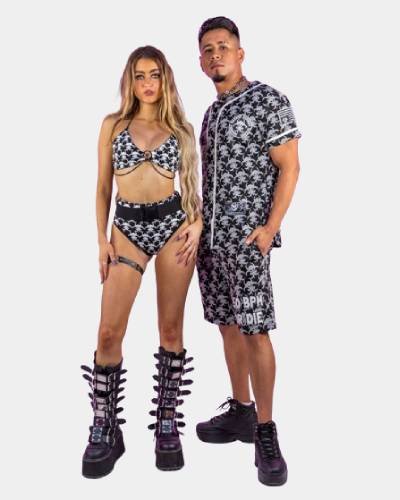 Reflective Hardstyle Biohazard Die Buckle Cheeky Bottoms: Make a statement with these cheeky bottoms featuring a reflective hardstyle biohazard design and die buckle detail.