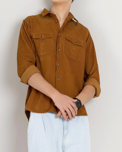 Russet Brown Regular Fit Corduroy Men's Shirt: Embrace warmth and style with this russet brown, regular-fit corduroy shirt for a sophisticated and versatile wardrobe.