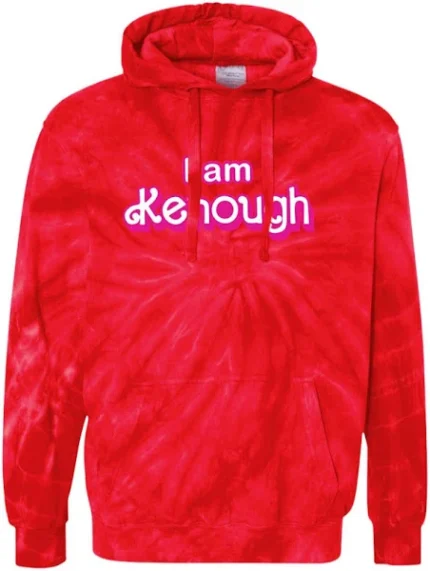 Ryan Gosling 'I Am Enough' Tie Dye Hoodie in Red, a vibrant and empowering fashion statement.
