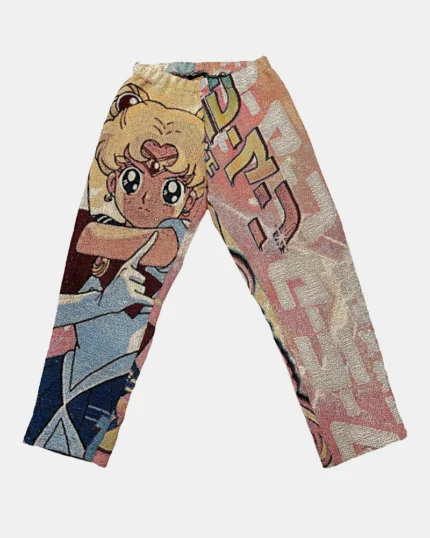 Sailor Moon Woven Tapestry Pants," a fashionable and unique pair of pants featuring a woven tapestry design inspired by the iconic Sailor Moon series for a trendy and comfortable style.