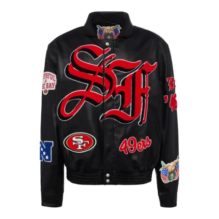 San Francisco 49ers Leather Jacket - showcase your team pride with this stylish and sporty leather jacket representing the iconic 49ers.