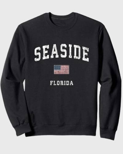 Vintage American flag design sweatshirt inspired by Seaside Florida, a patriotic fashion statement.