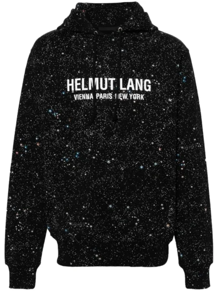 Black space logo print hoodie, featuring cosmic motifs for a futuristic urban style statement.