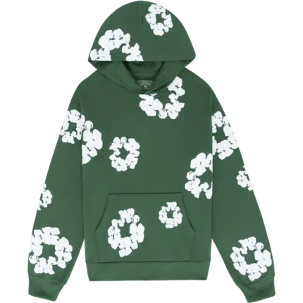 The Cotton Wreath Hoodie in Green: Embrace nature-inspired elegance with this green hoodie featuring 'The Cotton Wreath' design for a stylish and timeless look.