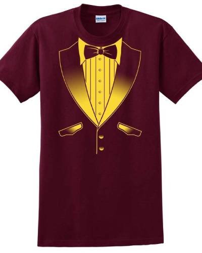 Tuxedo T-Shirt in school colors, Maroon and Gold, providing a fun and spirited way to showcase team pride with a hint of formal style.