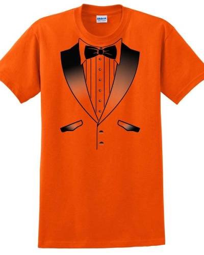 Tuxedo T-Shirt in school colors, Orange and Black, fusing formal charm with spirited team support for a stylish and playful showcase of school pride.