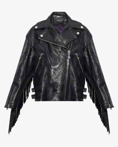 Versace Black Leather Jacket with Fringes - a luxurious and iconic statement piece for a bold and high-fashion look.