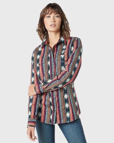 Elevate your style with the Women Wrangler Retro Long Sleeve Stripe shirt, featuring timeless stripes for a classic and chic look.