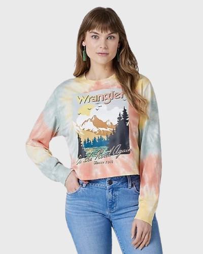 Women Wrangler Retro Long Sleeve Tie Dye shirt featuring a vibrant tie-dye pattern with a classic western-inspired design.