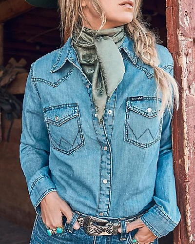 Long Sleeve Western Snap Denim Shirt: Elevate your style with this long sleeve denim shirt featuring Western snap closures, adding a touch of classic and timeless flair.