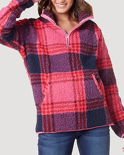 Quarter-Zip Sherpa Pullover in Pink Purple: Embrace cozy vibes with this pink and purple sherpa pullover featuring a stylish quarter-zip design.