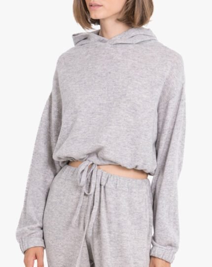 Soft cashmere drawstring hoodie for women, offering comfort and style for casual days or lounging.