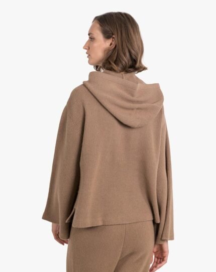 Chic women's cashmere rib bell sleeve hoodie, combining style and warmth for trendy everyday wear.