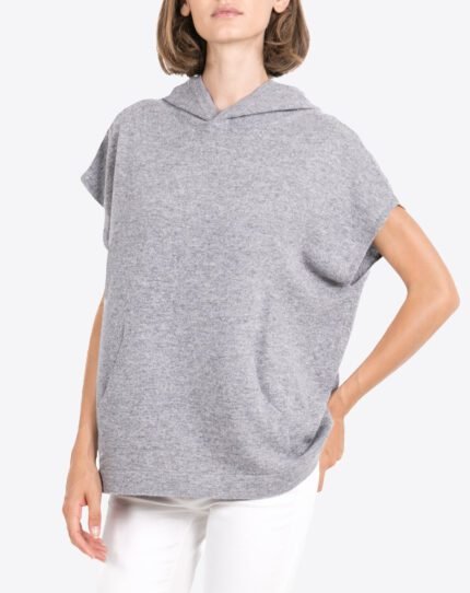 Sleek women's cashmere sleeveless lounge hoodie, offering cozy comfort for relaxed days and casual outings.