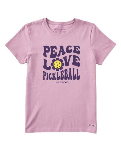 Spread good vibes on the pickleball court with the Women's Groovy "Peace Love Pickleball" Flower Short Sleeve Tee, a colorful and comfortable expression of your passion for the game.