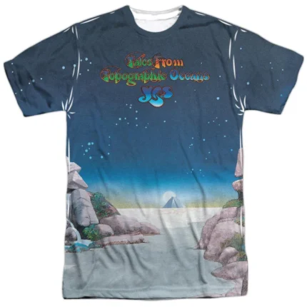 Dive into progressive rock vibes with the Yes 'Topographic Oceans' Sublimation T-Shirt, featuring a vibrant sublimation print that pays homage to the iconic album's intricate and artistic cover.