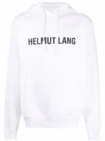 White logo print drawstring hoodie, combining style and comfort effortlessly for a trendy look.